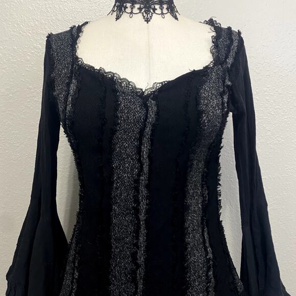 Asymmetrical Striped Layered Flare Dramatic Sleeve Whimsigoth Vamp Gothic Dress - Picture 4 of 12